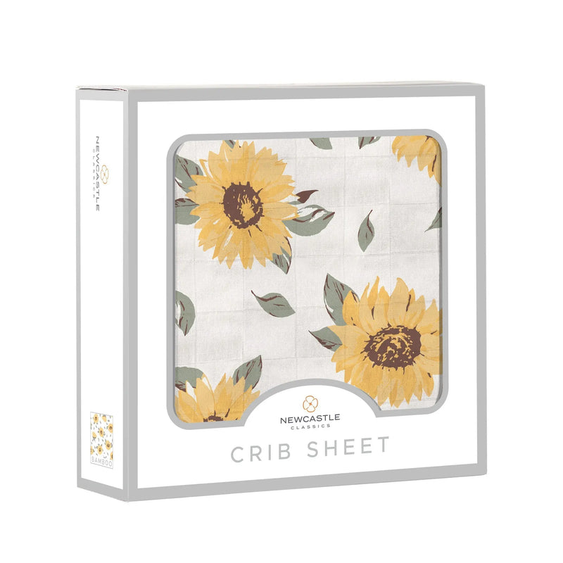 Sunflower Farm Crib Sheet in packaging with sunflower print design.