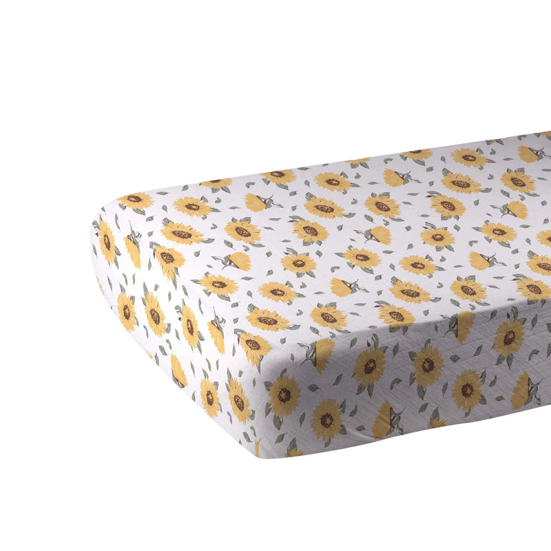 Sunflower Farm Crib Sheet on mattress, soft bamboo muslin, sunflower print.