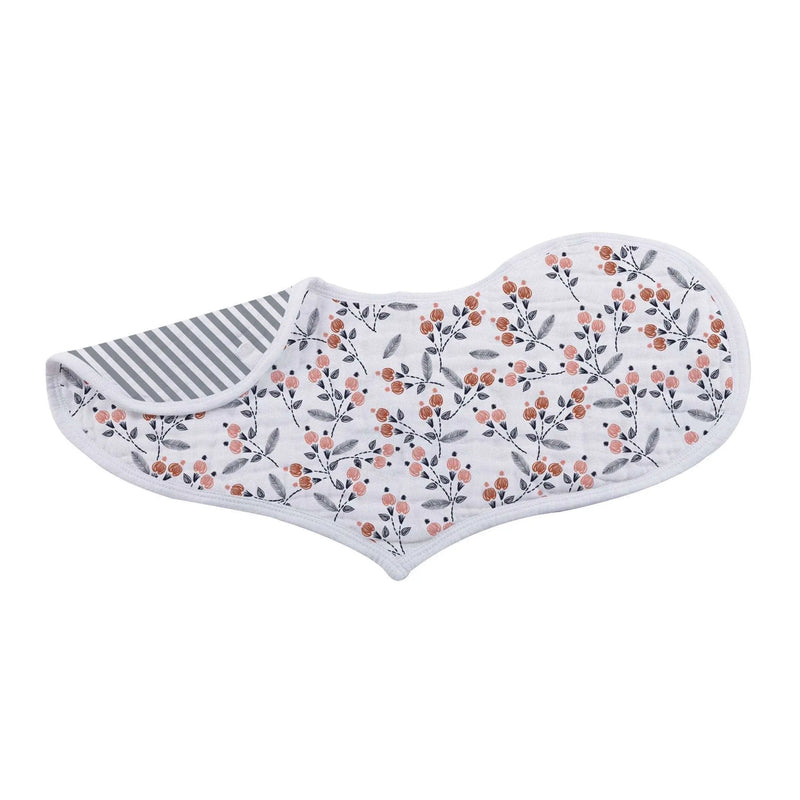 Blooms Floral Bamboo Heart Bib with floral pattern and snap closure.