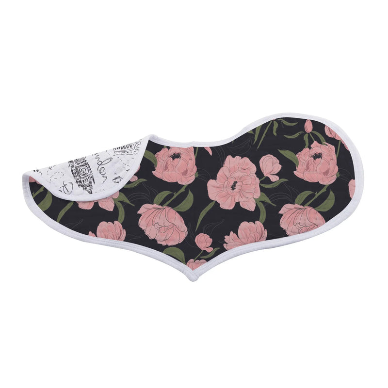 London Paris New York heart-shaped bamboo muslin bibs with floral design.