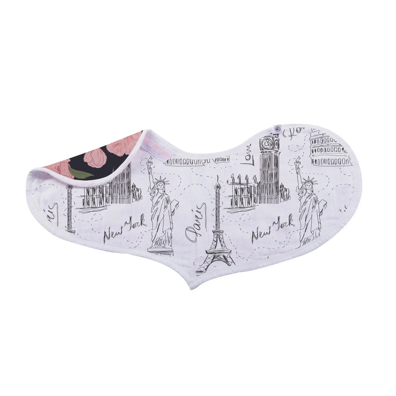 Heart-shaped bib featuring London, Paris, and New York designs, made from 100% bamboo muslin.