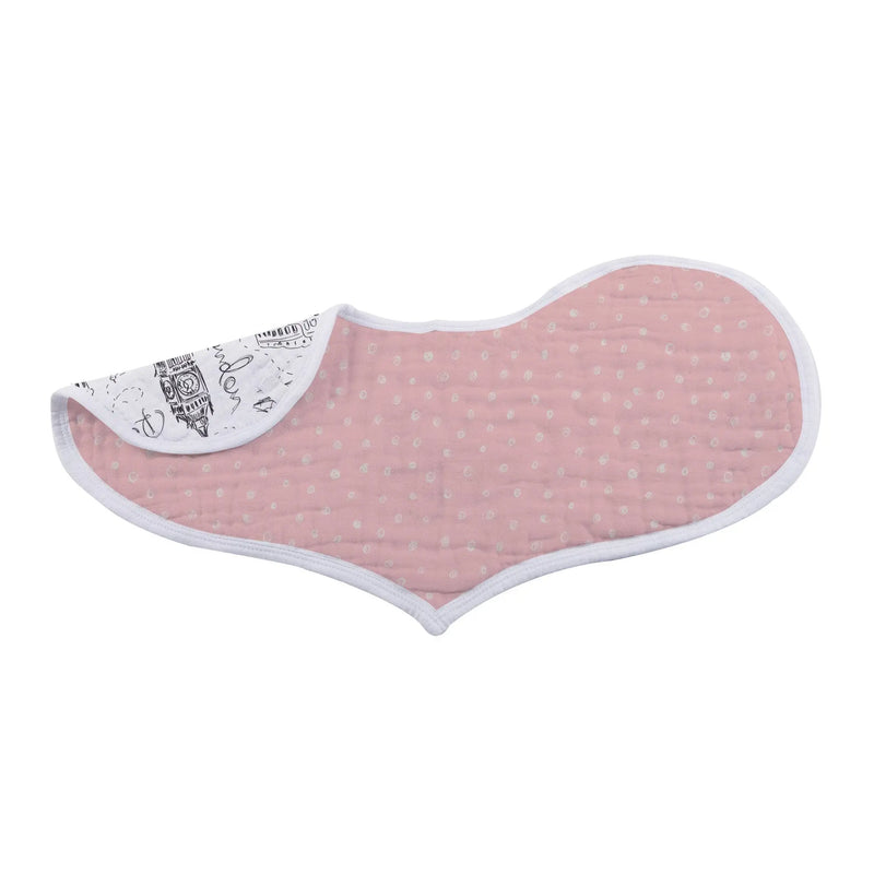 Heart-shaped bib featuring London, Paris, New York design, made from bamboo muslin.