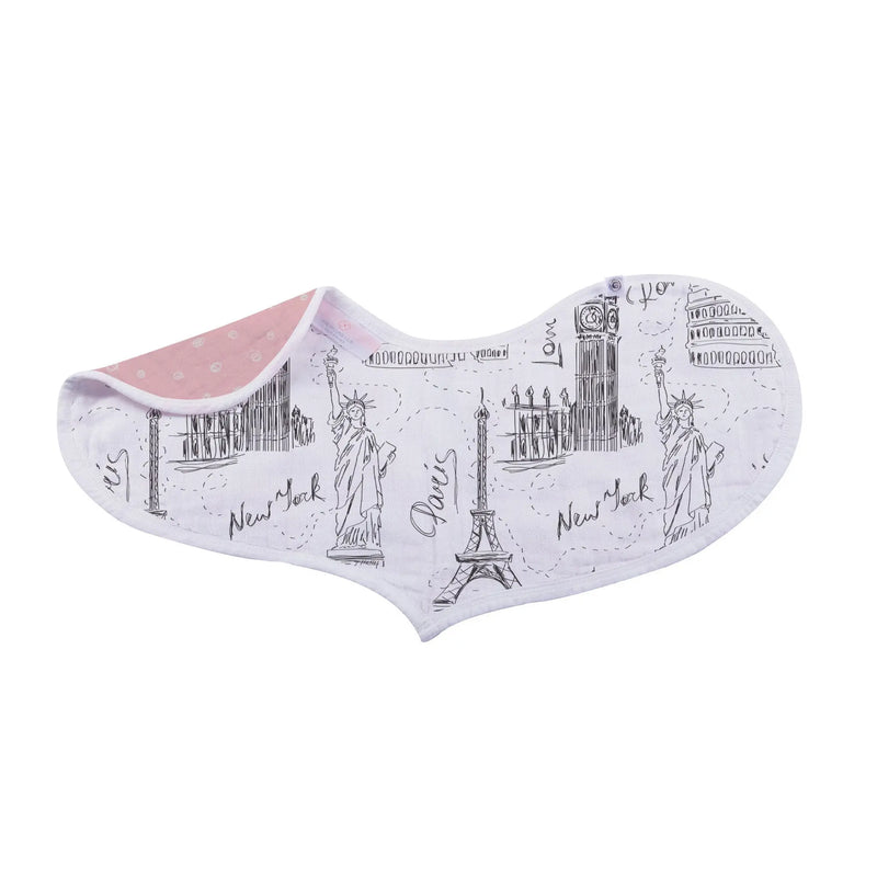 Set of 2 heart-shaped bibs featuring London, Paris, and New York designs.