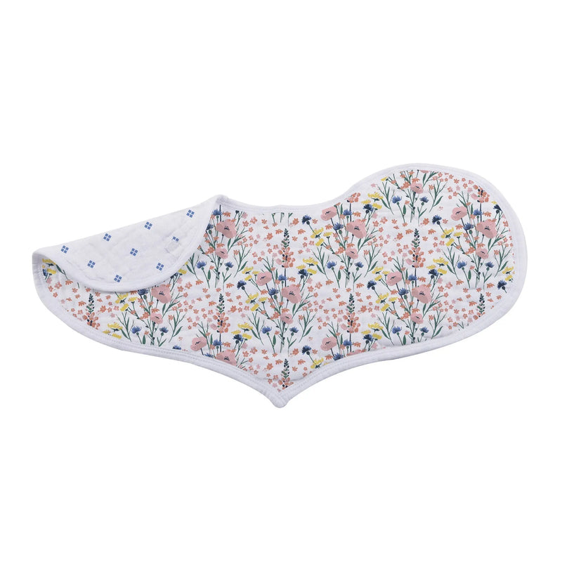 Wildflowers Bamboo Heart Bib 2PK with floral design, snap closure, and absorbent bamboo muslin fabric.