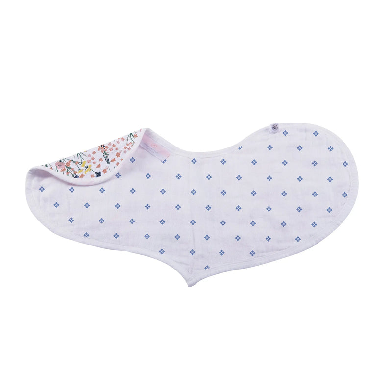 Wildflowers Bamboo Heart Bib with floral design, made from 100% natural bamboo muslin, featuring snap closure.
