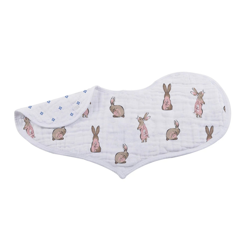 Wildflowers Bamboo Heart Bib 2PK, featuring natural bamboo muslin with snap closure and extra absorbent fabric for feeding and teething.