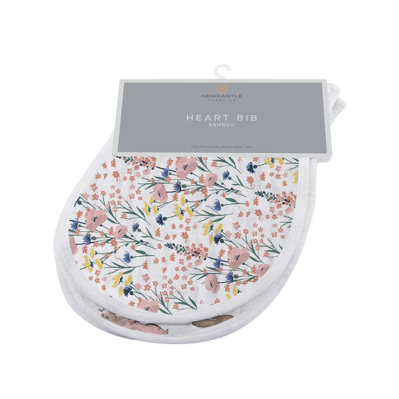 Wildflowers Bamboo Heart Bib set with floral design and snap closure.
