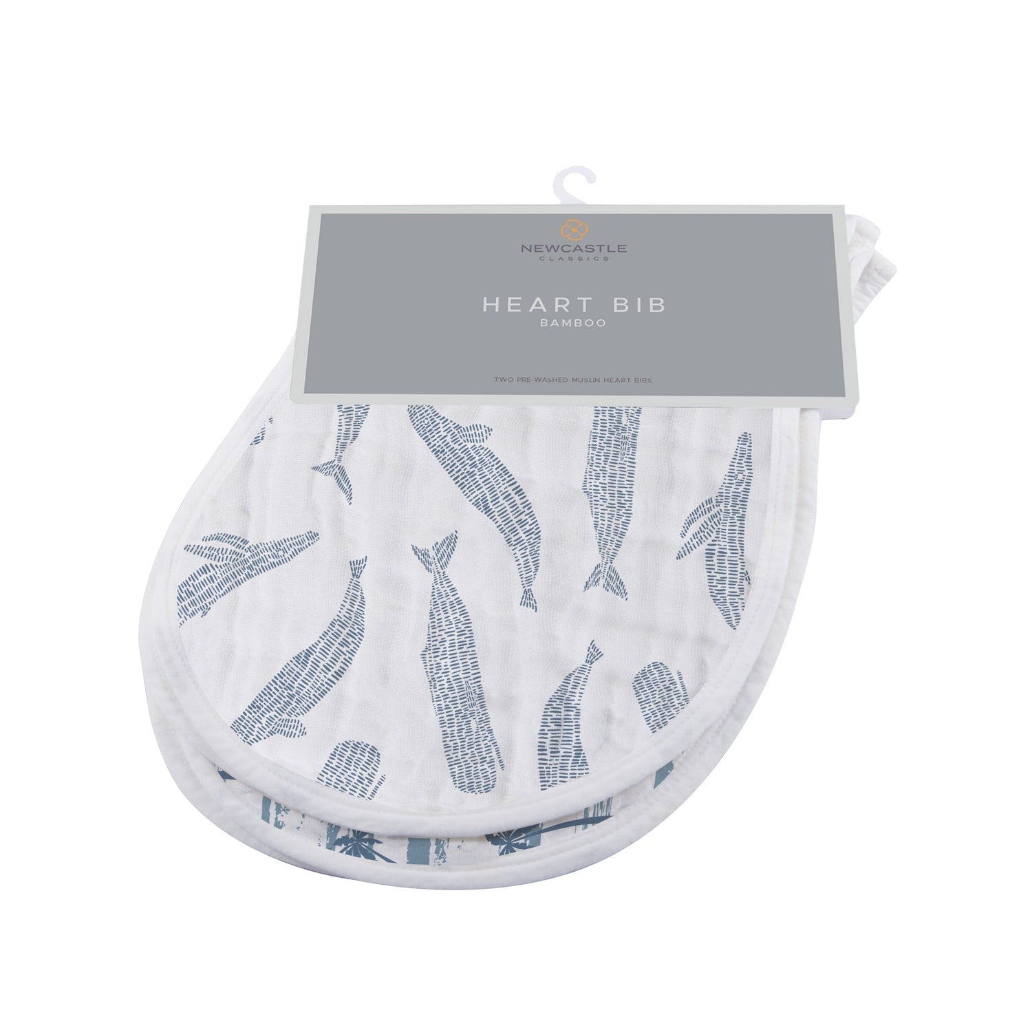 Bamboo muslin burp cloth and heart-shaped bib in an ocean tides print, set of two