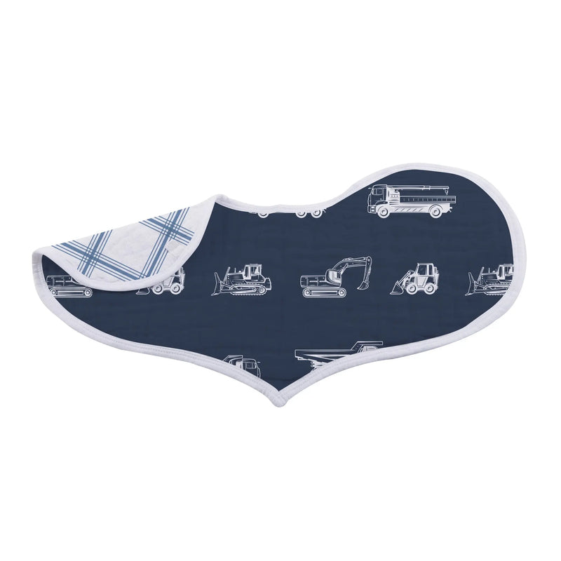 Blue heart-shaped bib with vehicle patterns, made from 100% cotton muslin, featuring multiple snaps for adjustable fit.