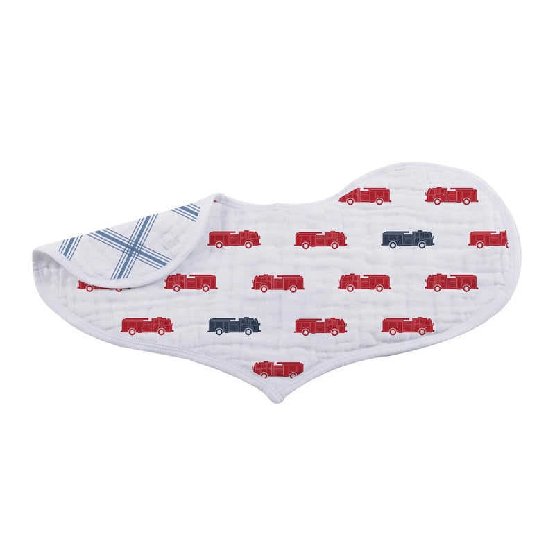 Heart-shaped cotton muslin bib with red and navy vehicle prints.