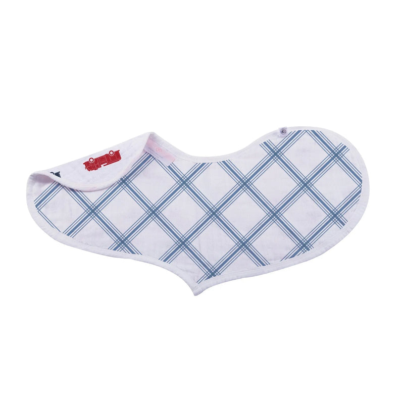 Things That Go Heart Bibs 2-pack, 100% natural cotton muslin, blue check pattern, extra absorbent fabric, multiple snaps.