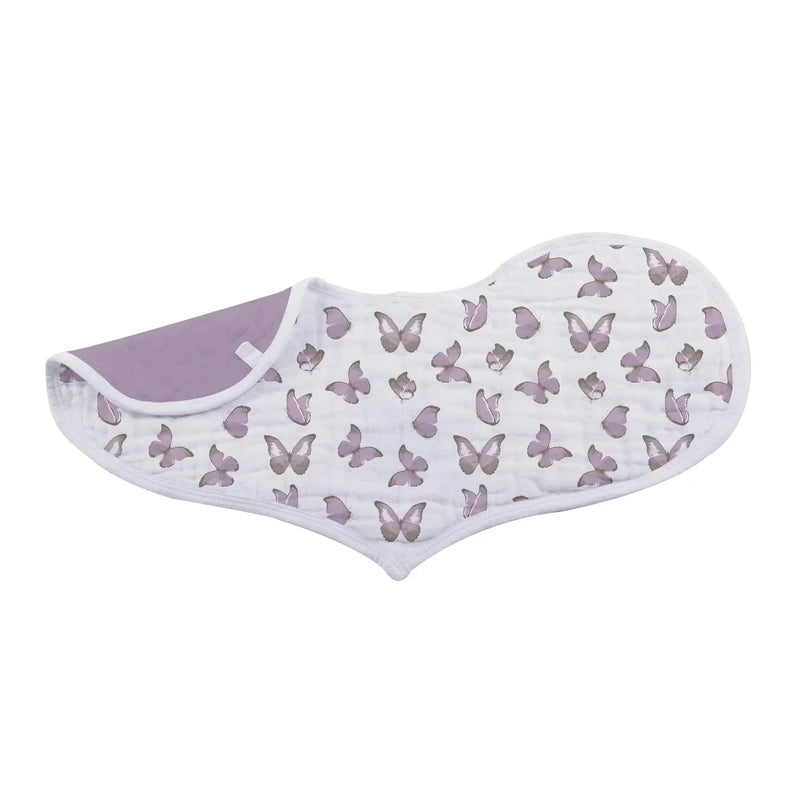 Mountain Meadow Cotton Heart Bib with butterfly pattern, made from natural cotton muslin, featuring multiple snaps for adjustable fit.