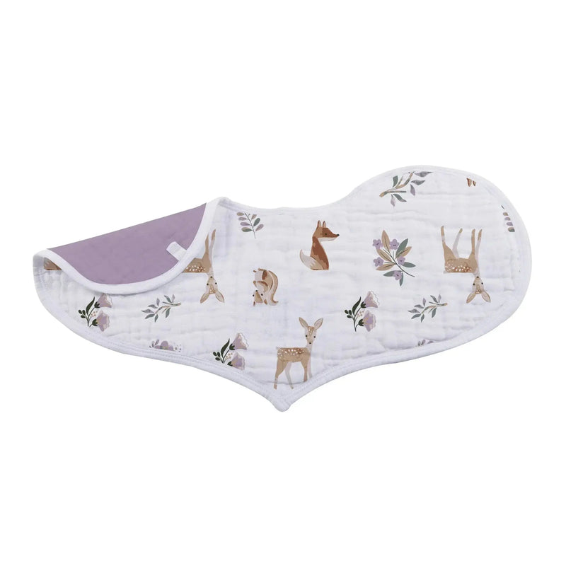 Mountain Meadow Cotton Heart Bibs with animal and floral print on white muslin fabric.
