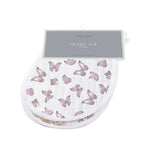 Pink heart-print cotton muslin bib with snaps along the neckline