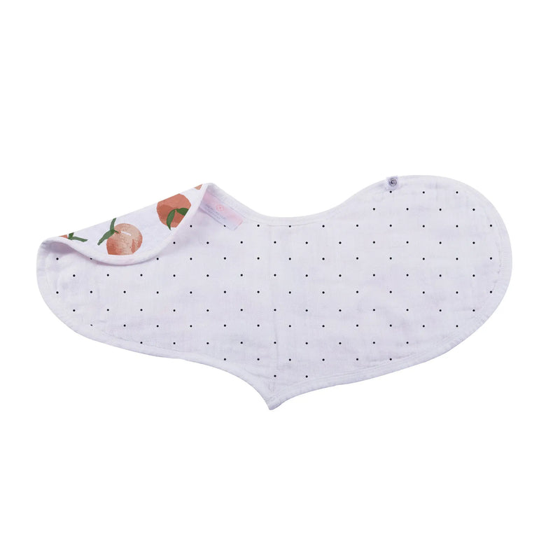 Bamboo heart-shaped bibs with snap closure in white and peach design.