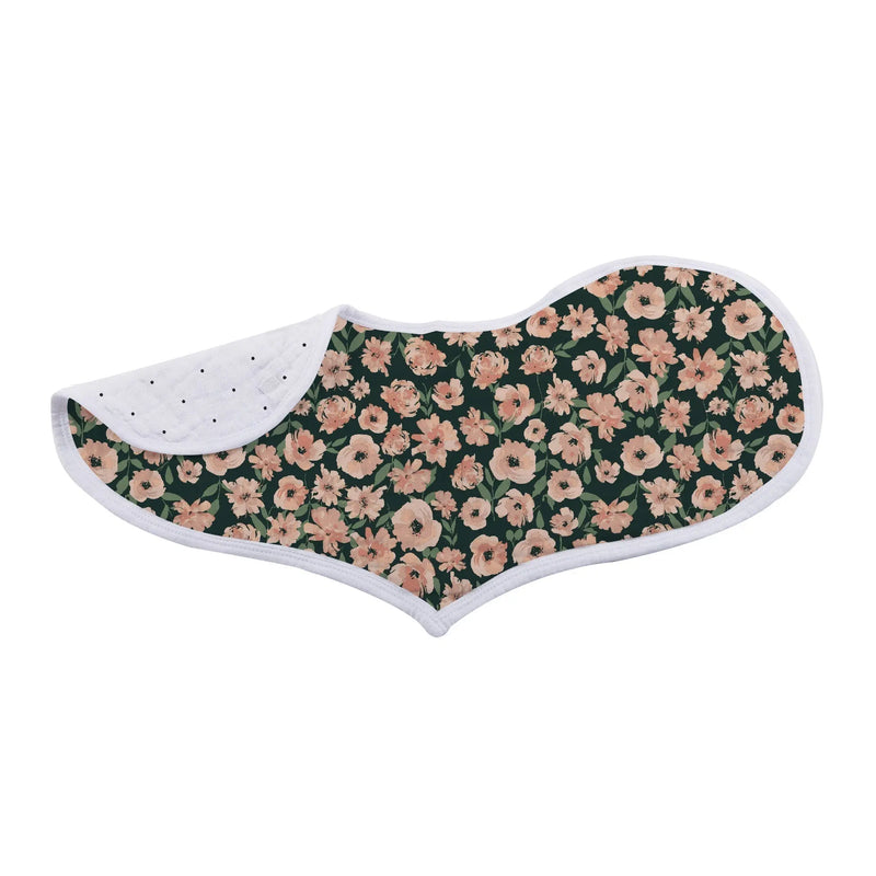 Canyon Sunset Bamboo Heart Bib with floral design, made from soft bamboo muslin.