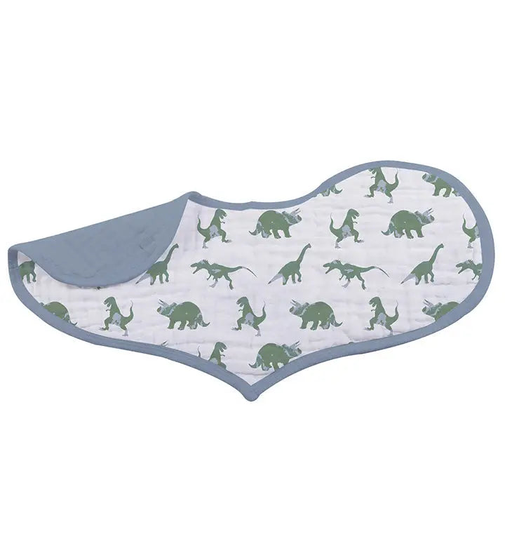 Rough Terrain Cotton Heart Bibs with dinosaur print, extra absorbent natural cotton muslin, multiple snaps for adjustable fit.