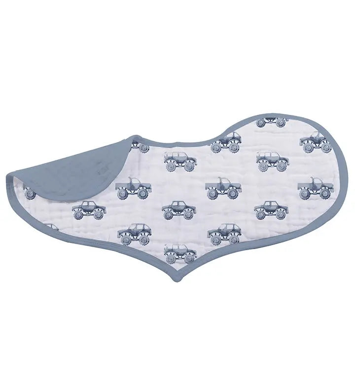 Rough Terrain Cotton Heart Bib, 100% Natural Muslin, Blue Car Print, 21"x9.5".