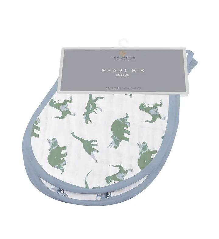 Rough Terrain Cotton Heart Bibs with dinosaur design, 100% natural cotton muslin, multiple snaps, size 21" x 9.5".
