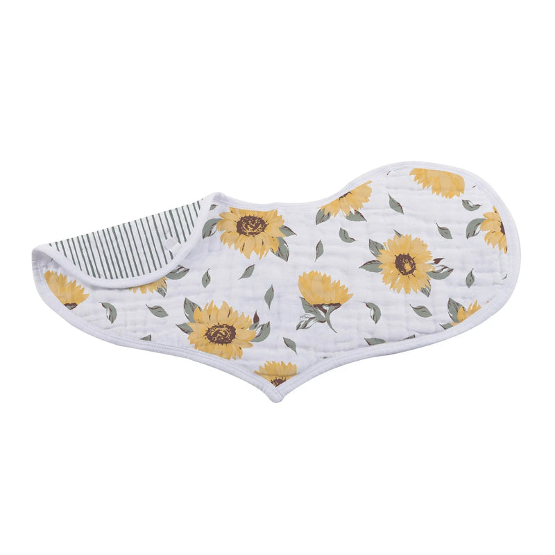Sunrise to Sunset Heart Bibs with sunflower design, made from soft bamboo muslin.
