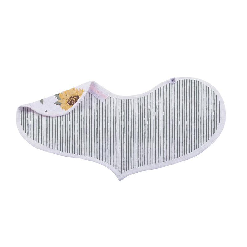 Heart-shaped bamboo muslin bib with striped pattern and floral trim.