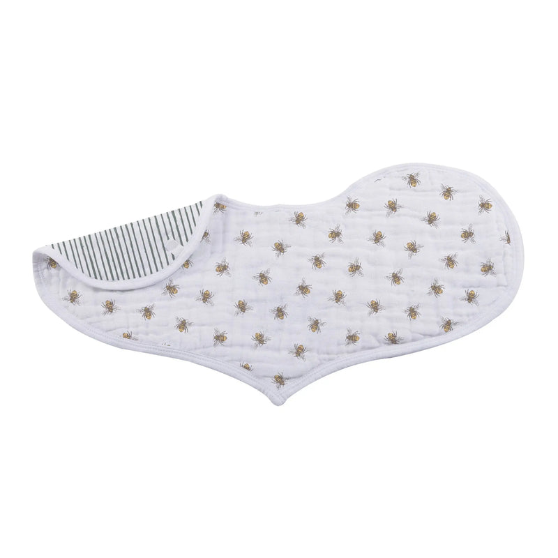 Heart-shaped bamboo muslin bib with bee pattern, featuring snap closure, 21" x 9.5".