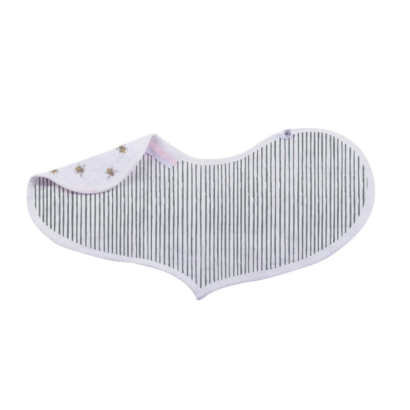 Soft 100% bamboo muslin heart-shaped bib with snap closure, striped pattern, Sunrise to Sunset Heart Bibs.