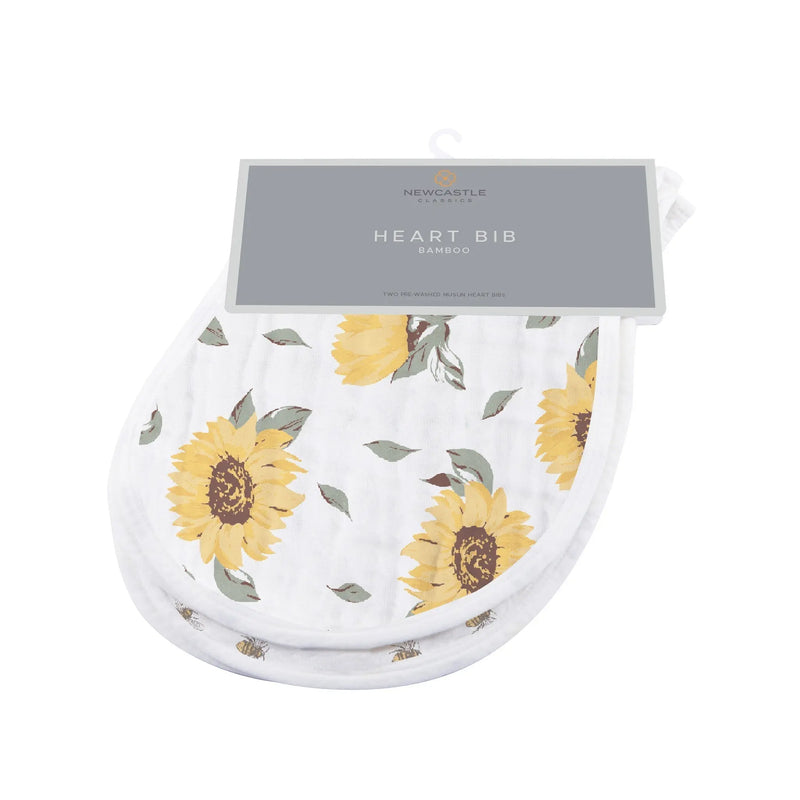 Soft bamboo muslin bib with sunflowers, featuring snap closure, 21" x 9.5".