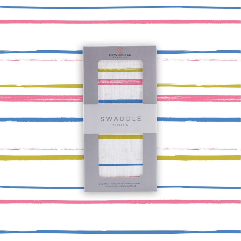 Watercolor Stripe Cotton Muslin Swaddle, soft breathable fabric, versatile baby accessory.