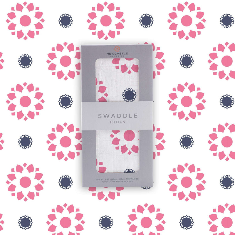 Primrose Indigo Cotton Muslin Swaddle package with floral design.