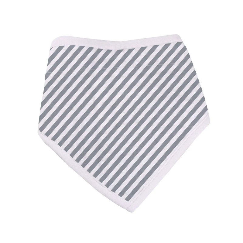 Soft bamboo bandana bib with gray and white stripes, featuring snap closures for adjustable fit; extra absorbent for feeding and teething.