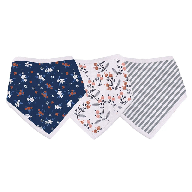 Blooms Bamboo Bandana Bibs 3PK in floral and striped patterns, 100% natural bamboo muslin.