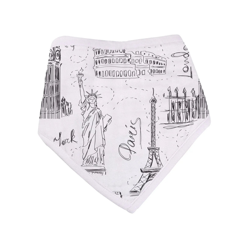 Set of 3 bandana bibs with London, Paris, and New York designs made from 100% bamboo muslin.
