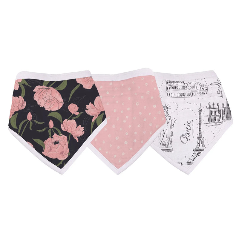 London Paris New York bandana bib set of 3 with floral, polka dot, and city icon designs in soft bamboo muslin.