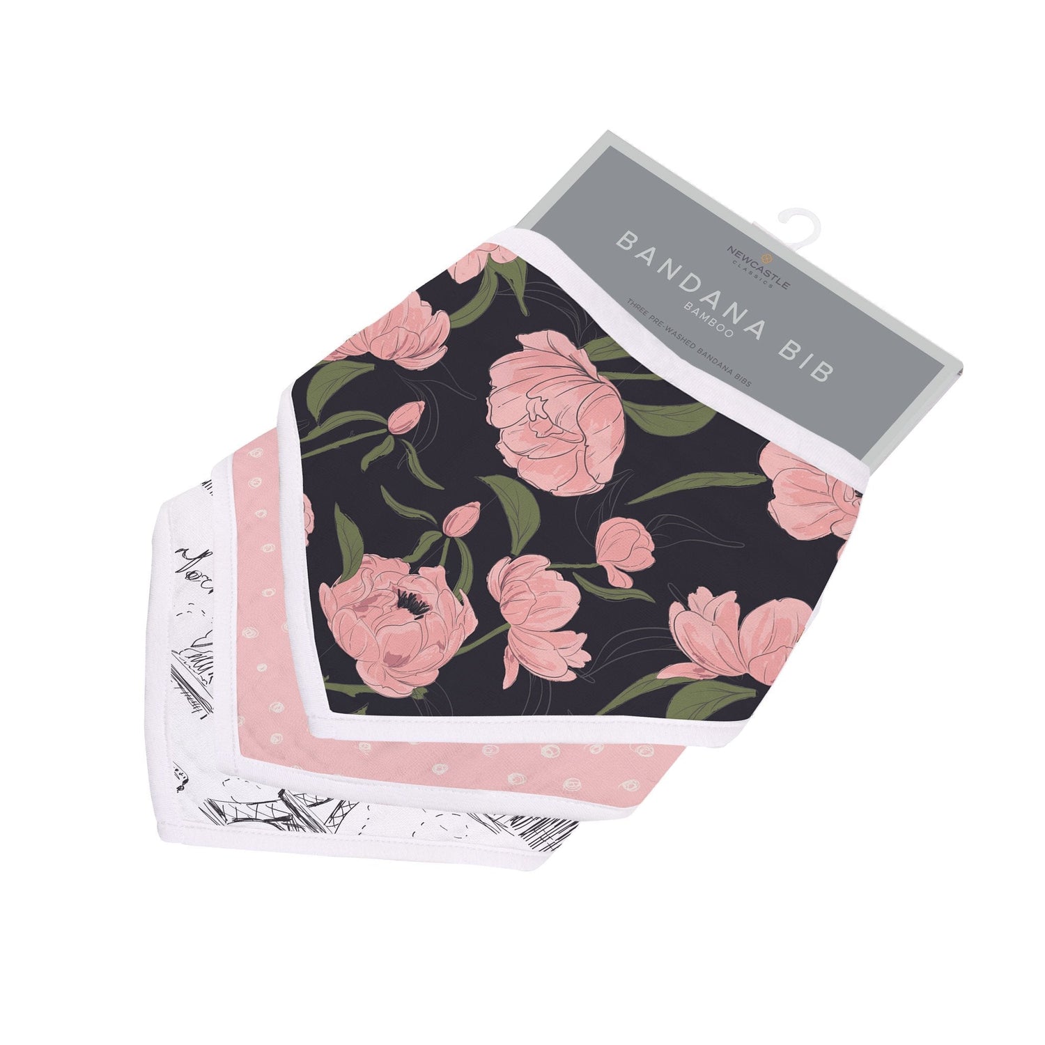 Set of three bandana bibs with London, Paris, and New York themed designs and snap closures