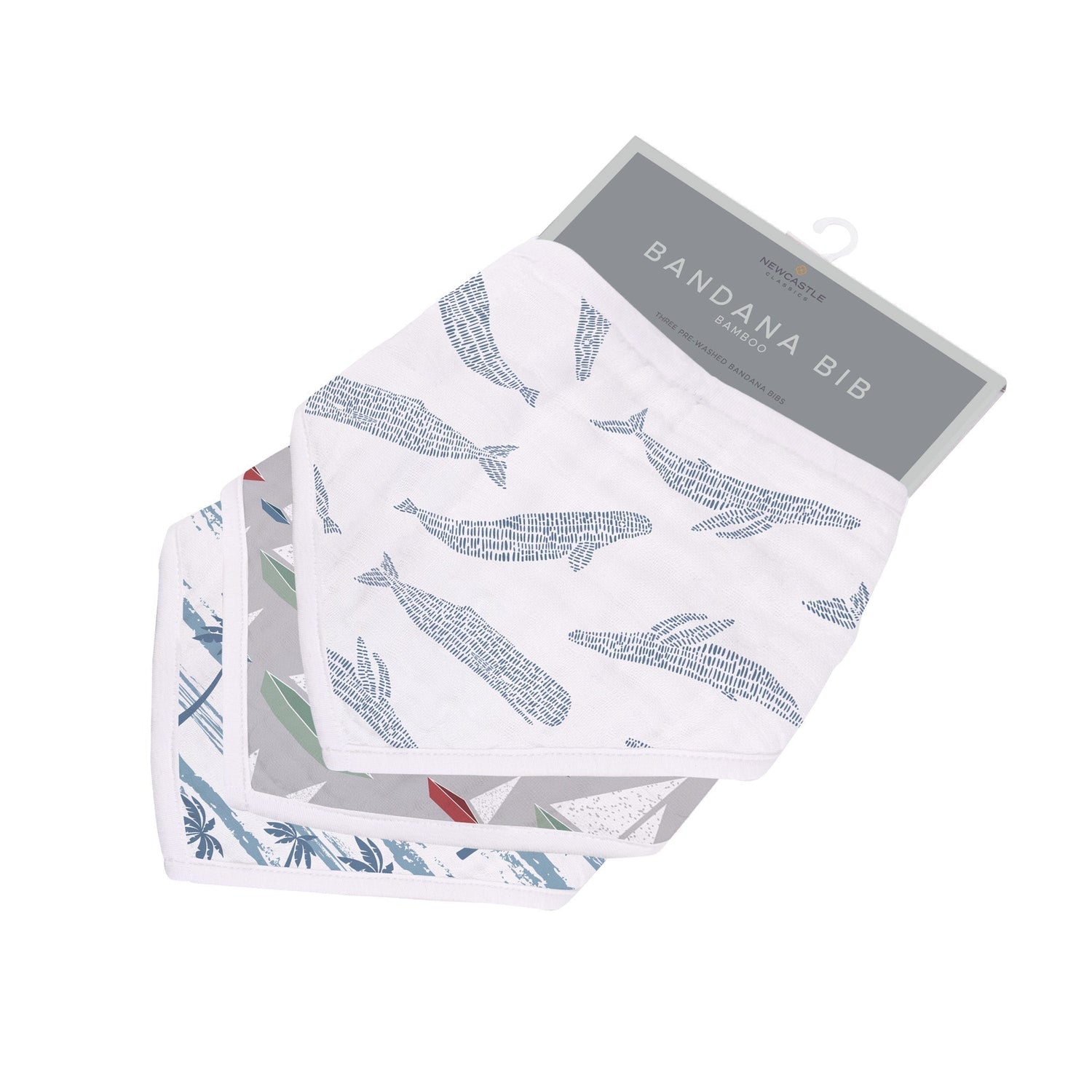 Set of three bamboo bandana bibs in ocean-toned colours with snap closures