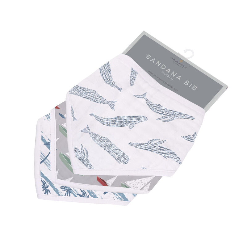 Ocean Tides Bamboo Bandana Bibs 3PK with whale patterns, featuring natural bamboo muslin and snap closures.