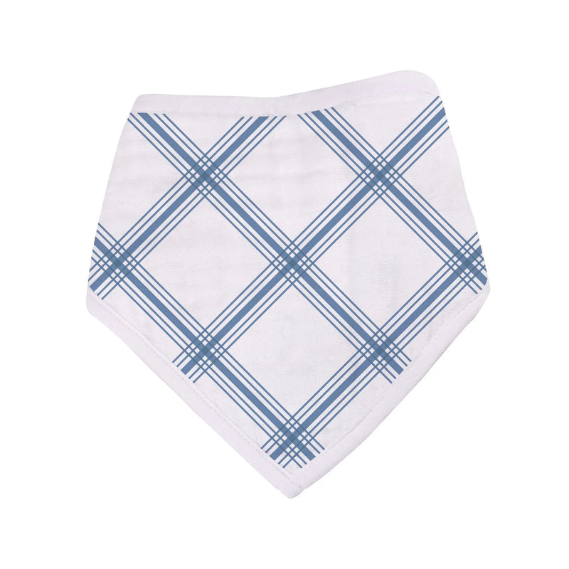 Blue plaid bandana bib made of 100% cotton muslin with snap closures for adjustable sizing.