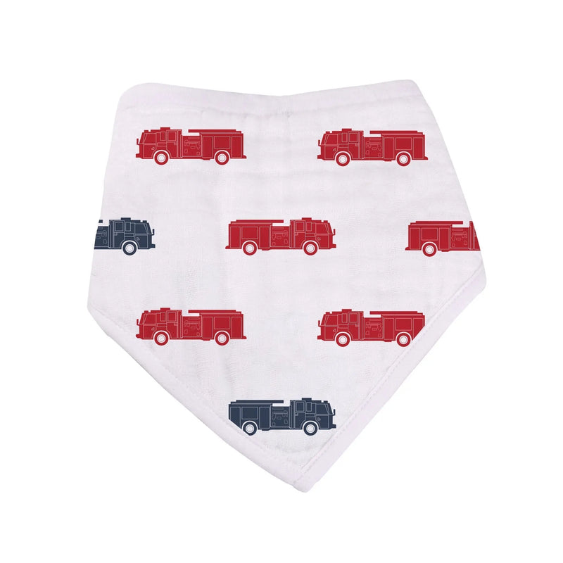 Bandana bib with red and blue fire truck print, 100% cotton muslin.