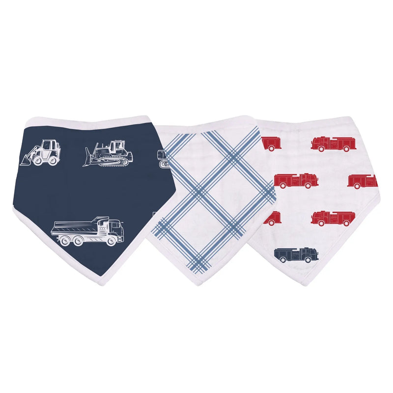 Things That Go bandana bibs with vehicle designs, 100% cotton muslin, two snap closures for adjustable fit.