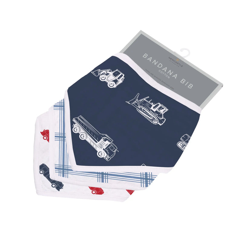 Things That Go bandana bibs with vehicle print on 100% cotton muslin, featuring snap closures and absorbent fabric.