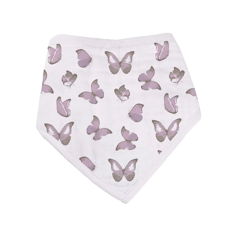 Mountain meadow cotton bandana bib with butterfly design, soft muslin, adjustable snap closures.