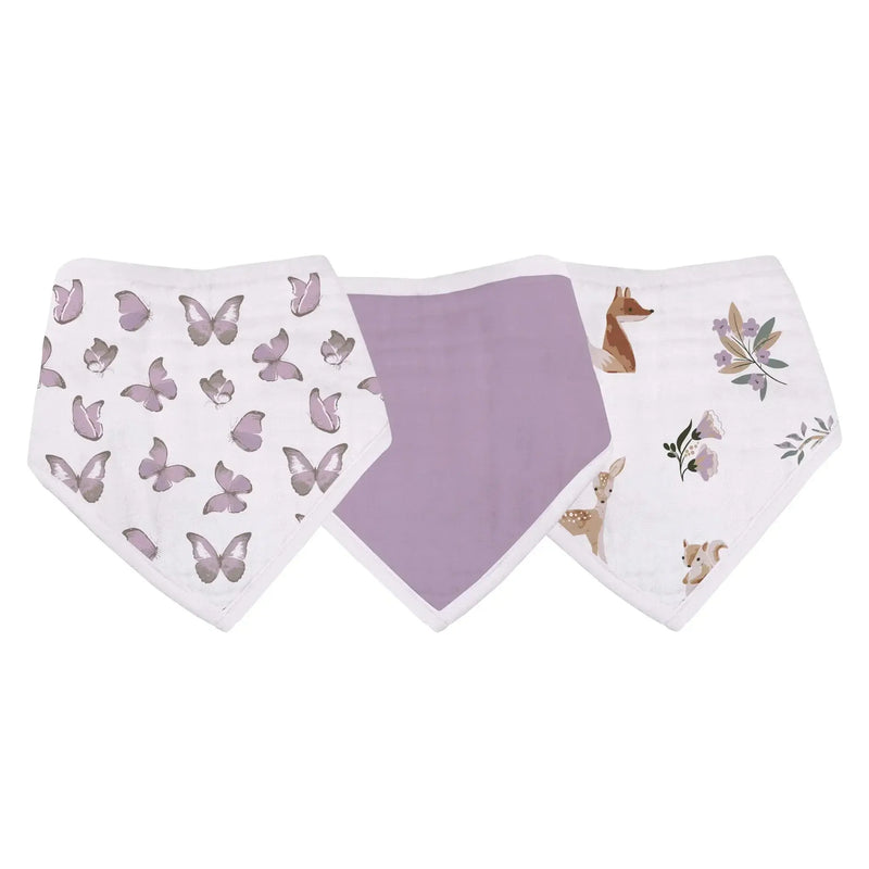 Soft 100% cotton Mountain Meadow bandana bibs with snap closures.