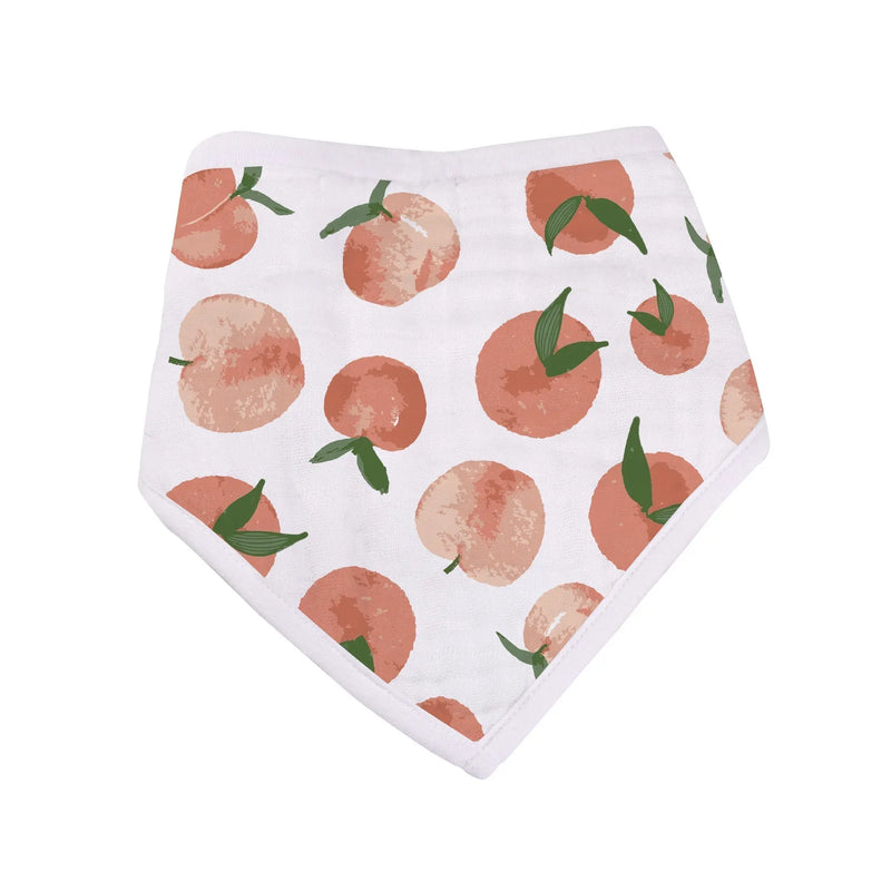 Bamboo bandana bib with peach pattern, Canyon Sunset design.