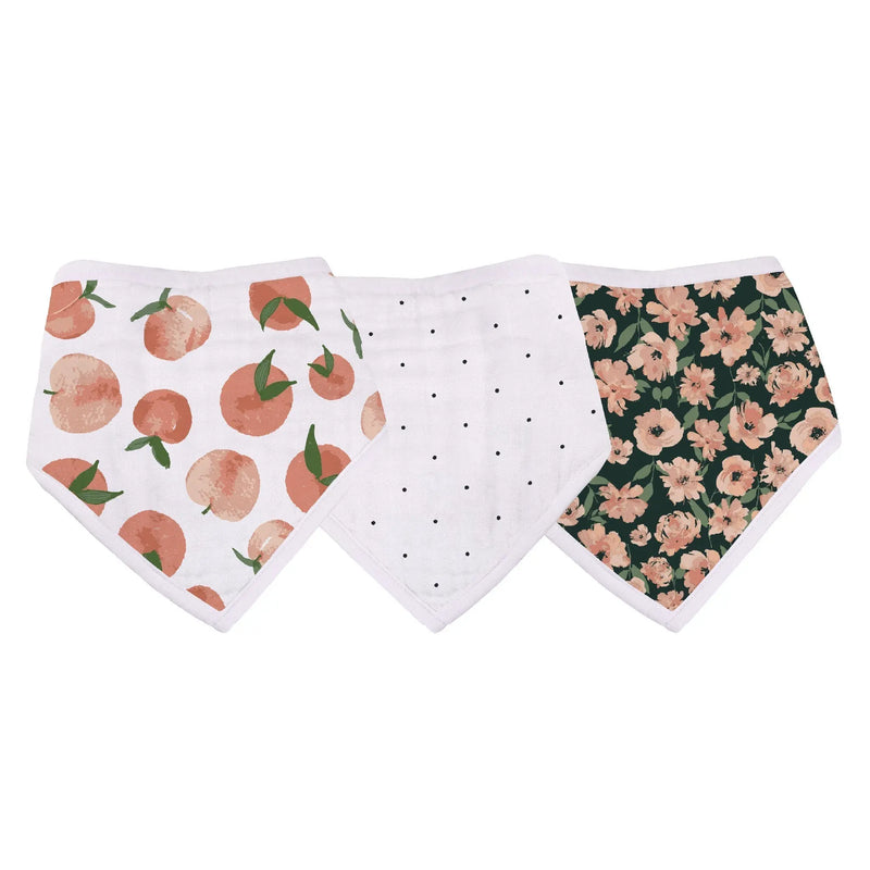 Canyon Sunset Bamboo Bandana Bibs 3-pack with peach, dot, and floral designs.
