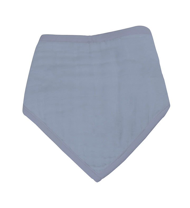 Rough Terrain Cotton Bandana Bib in soft gray muslin with snap closures.