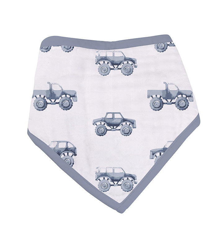 Rough Terrain Cotton Bandana Bib with truck print, 100% cotton muslin, two snap closures.