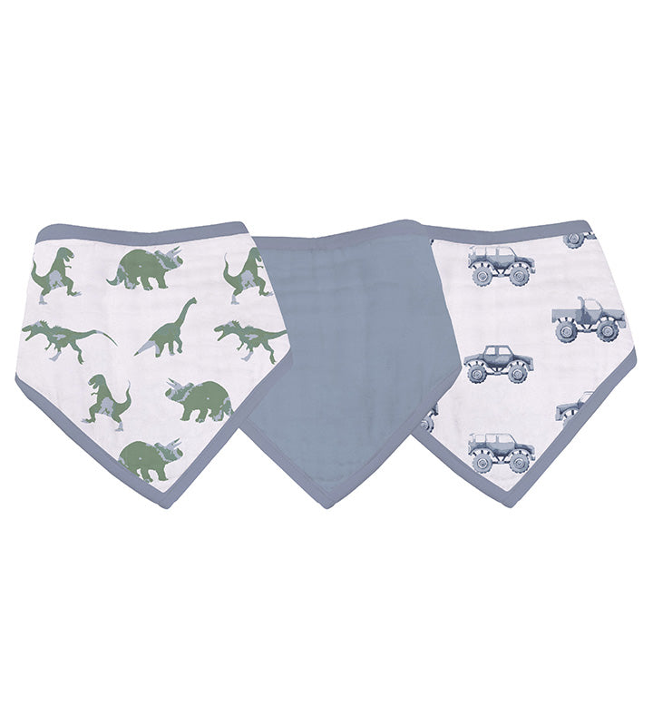 Rough terrain cotton bandana bibs with dinosaur and car prints, featuring snap closures.
