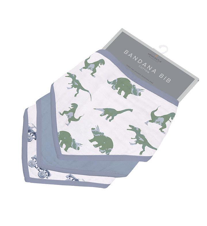 Rough Terrain Cotton Bandana Bibs with dinosaur pattern, 100% soft muslin cotton, two snap closures for adjustable fit.