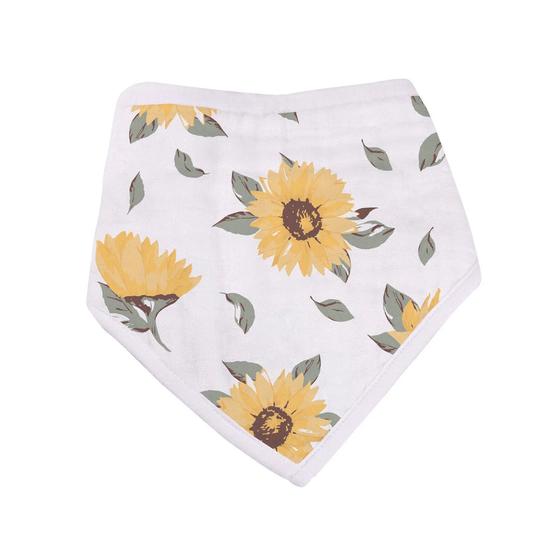 Sunrise to Sunset Bandana Bibs with sunflower print made from soft bamboo muslin.